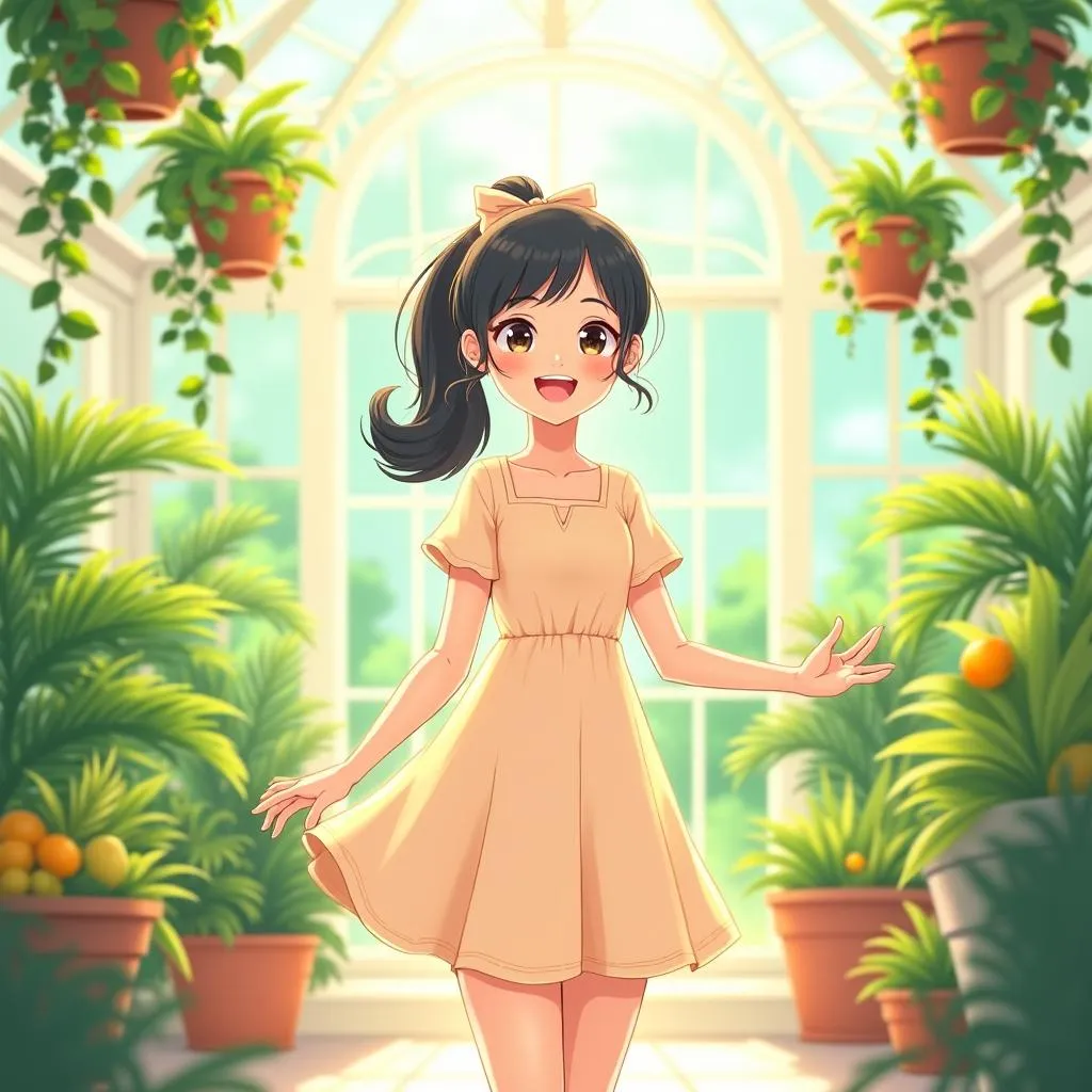 Cheerful Asian Girl in a Sunny Conservatory