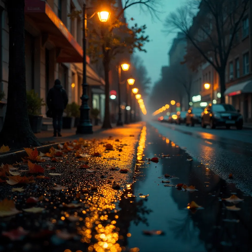 Moody Night Rain: Lamps and Leaves