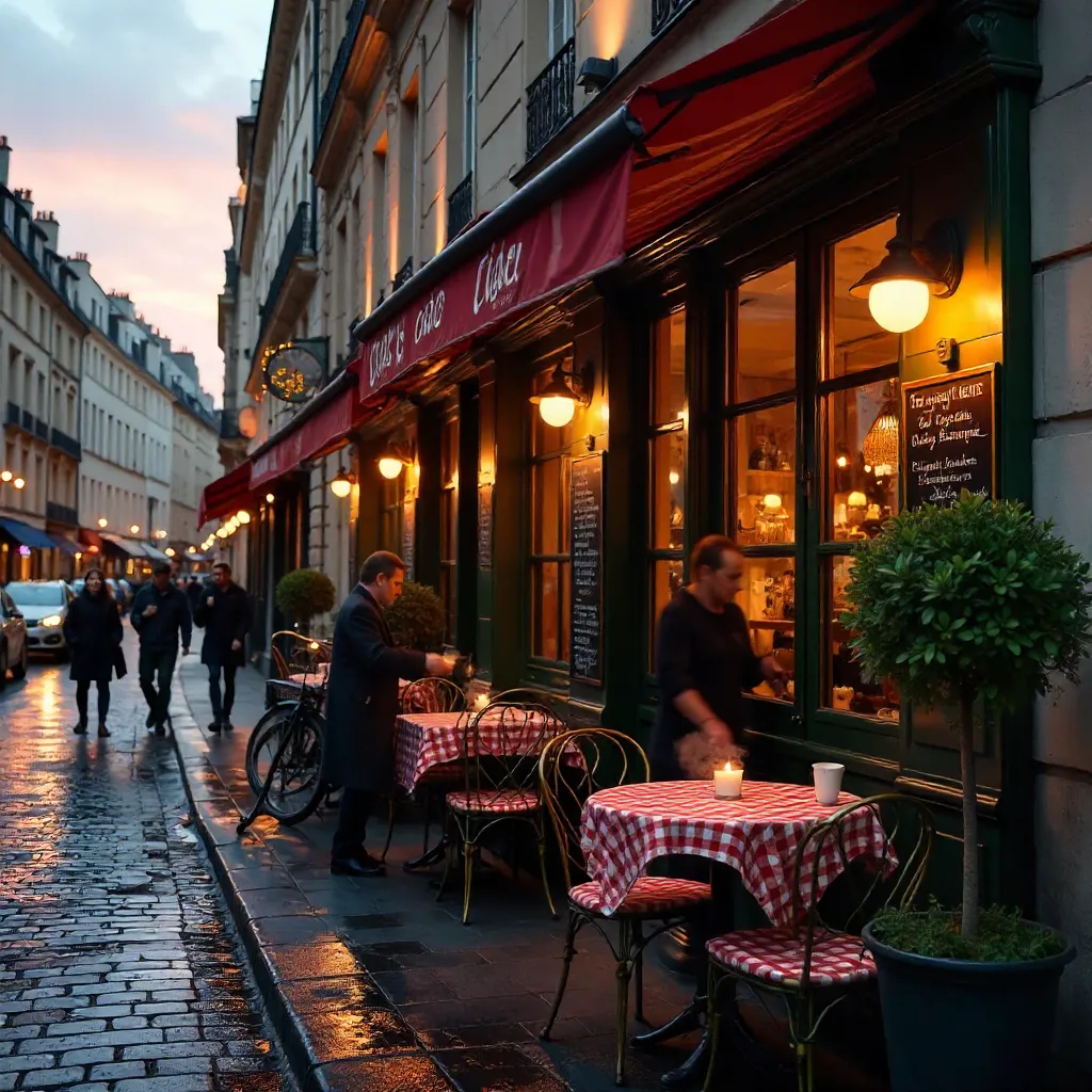 Dusk at a Cozy Parisian Café Facade