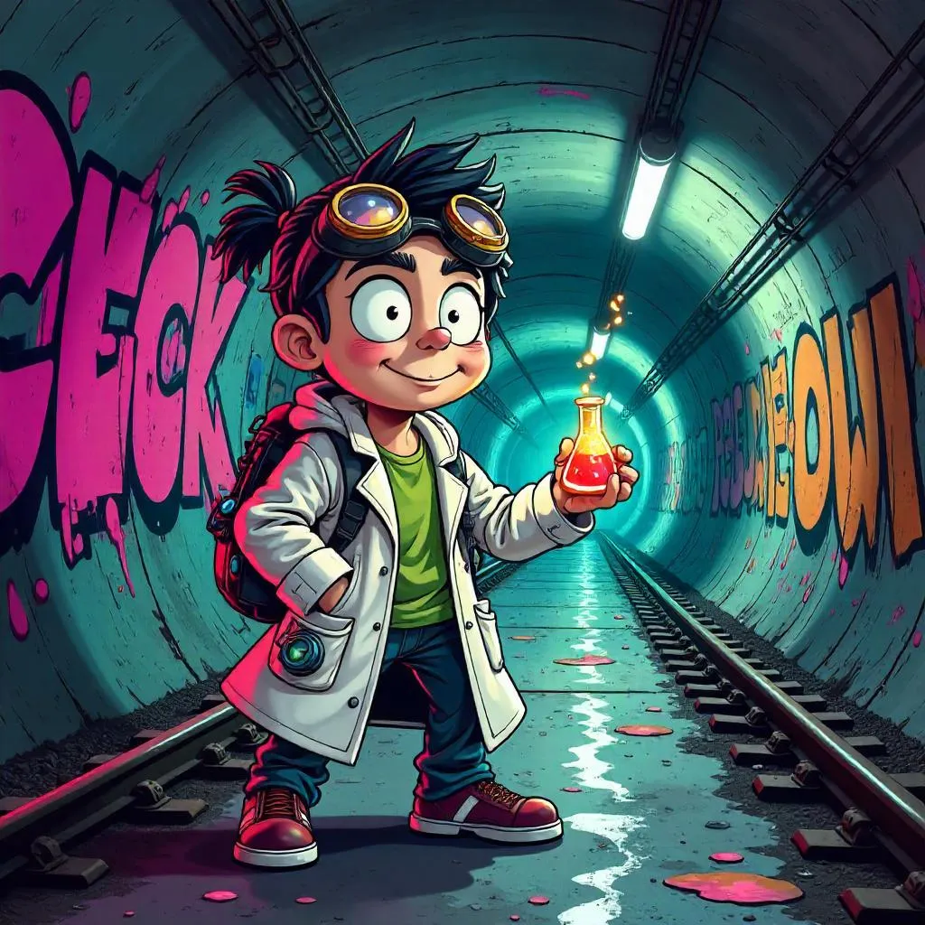 Cartoon Scientist in a Neon Subway Tunnel