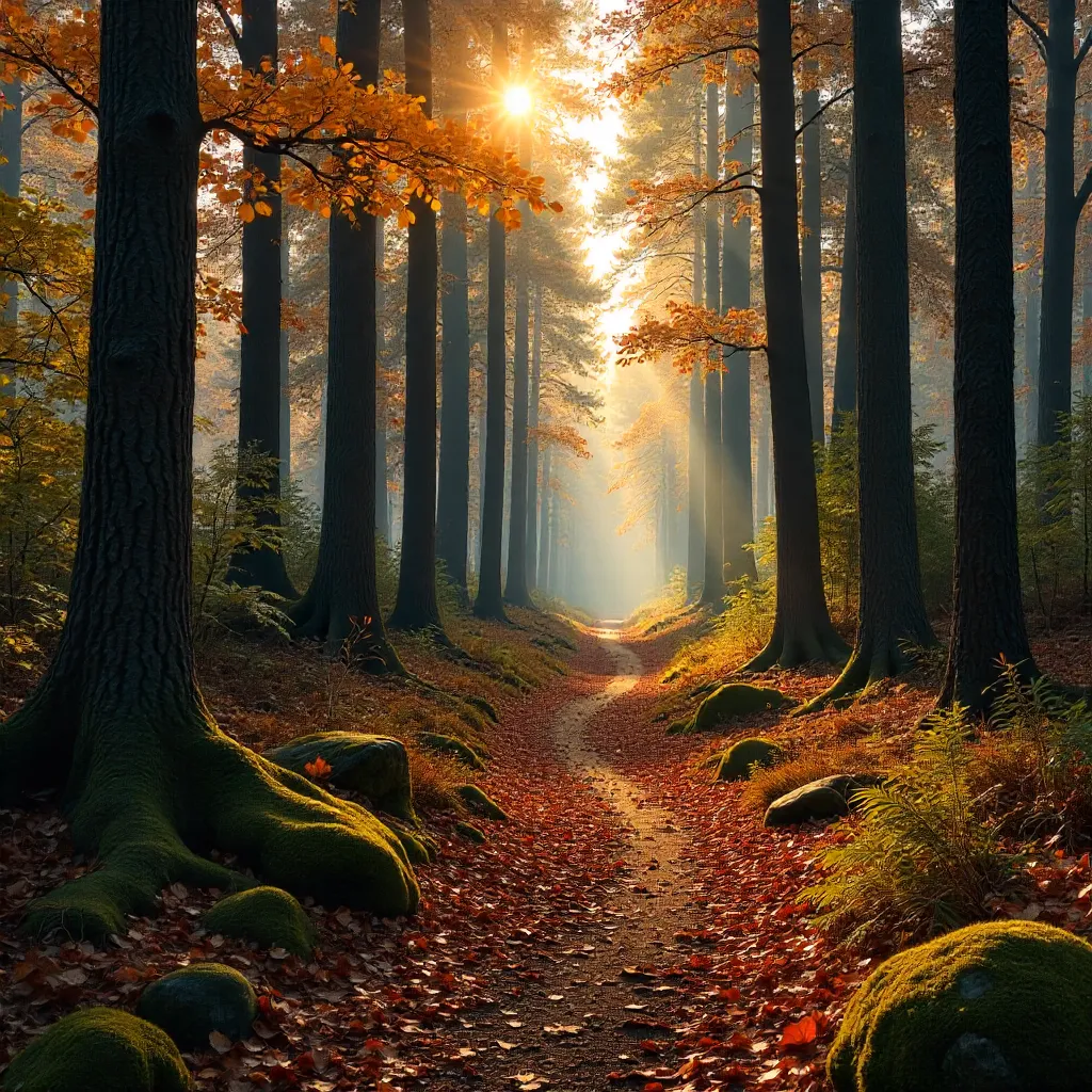Autumn Sunlit Path in Kampinos National Park, Poland