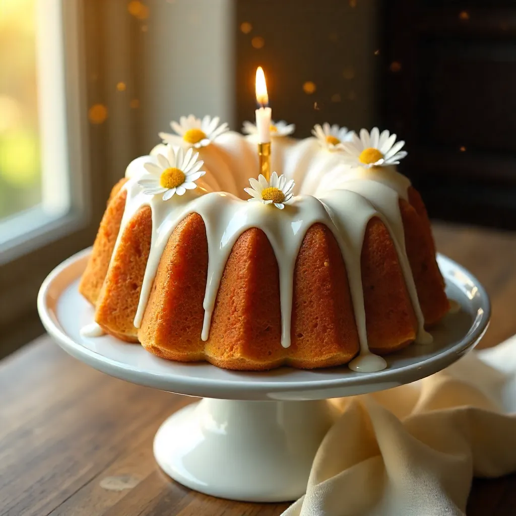 Luminous Bundt Cake with Icing, Daisies, and a Candle
