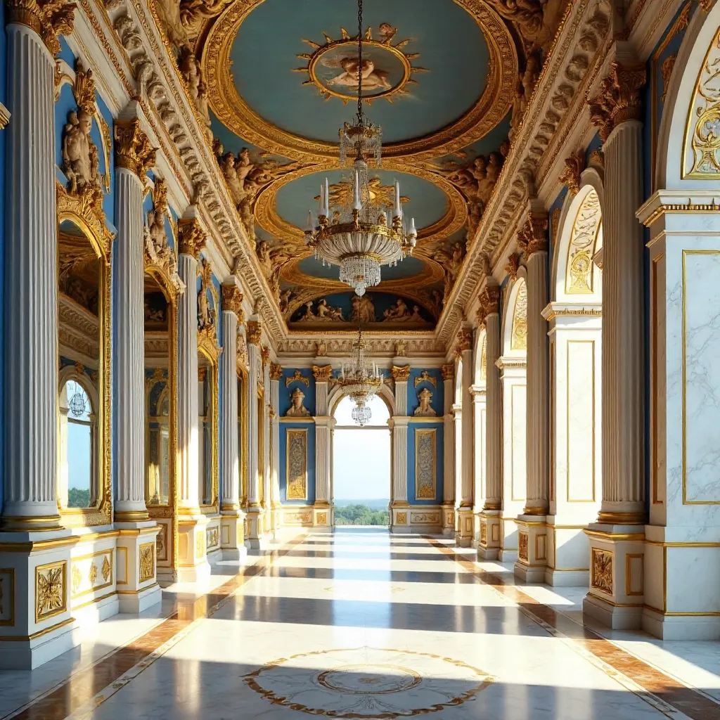 Ornate Ceilings and Columns of Versailles Palace
