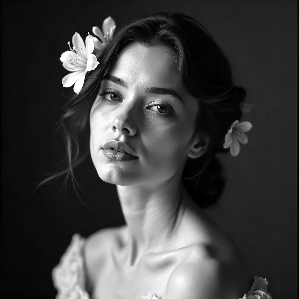 Dreamy Black and White Portrait with Flowers