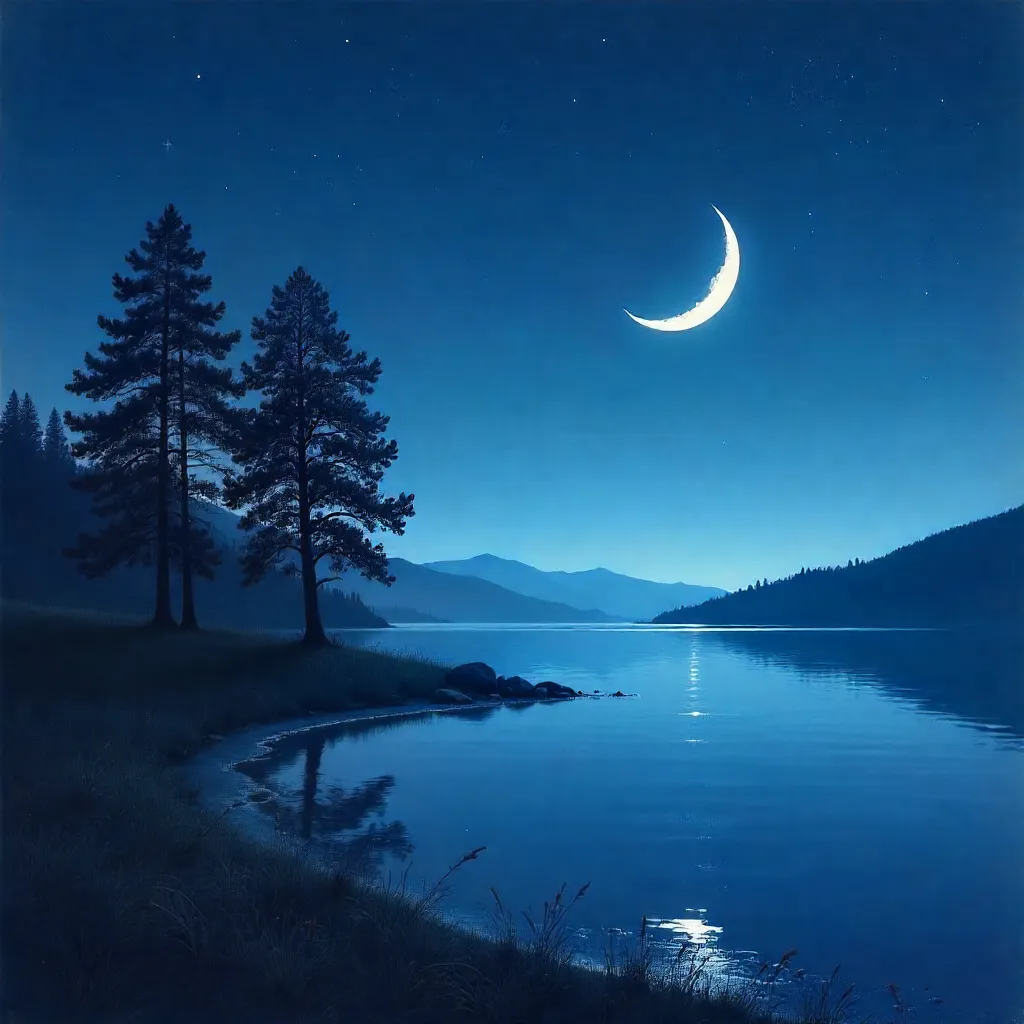 Crescent Moon Over a Serene Blue Night Forest