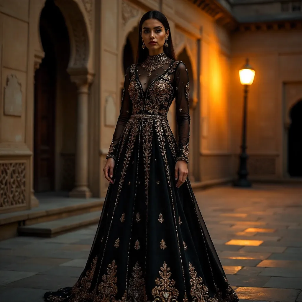 Dramatic Lahore Night: Model in Embroidered Black Dress
