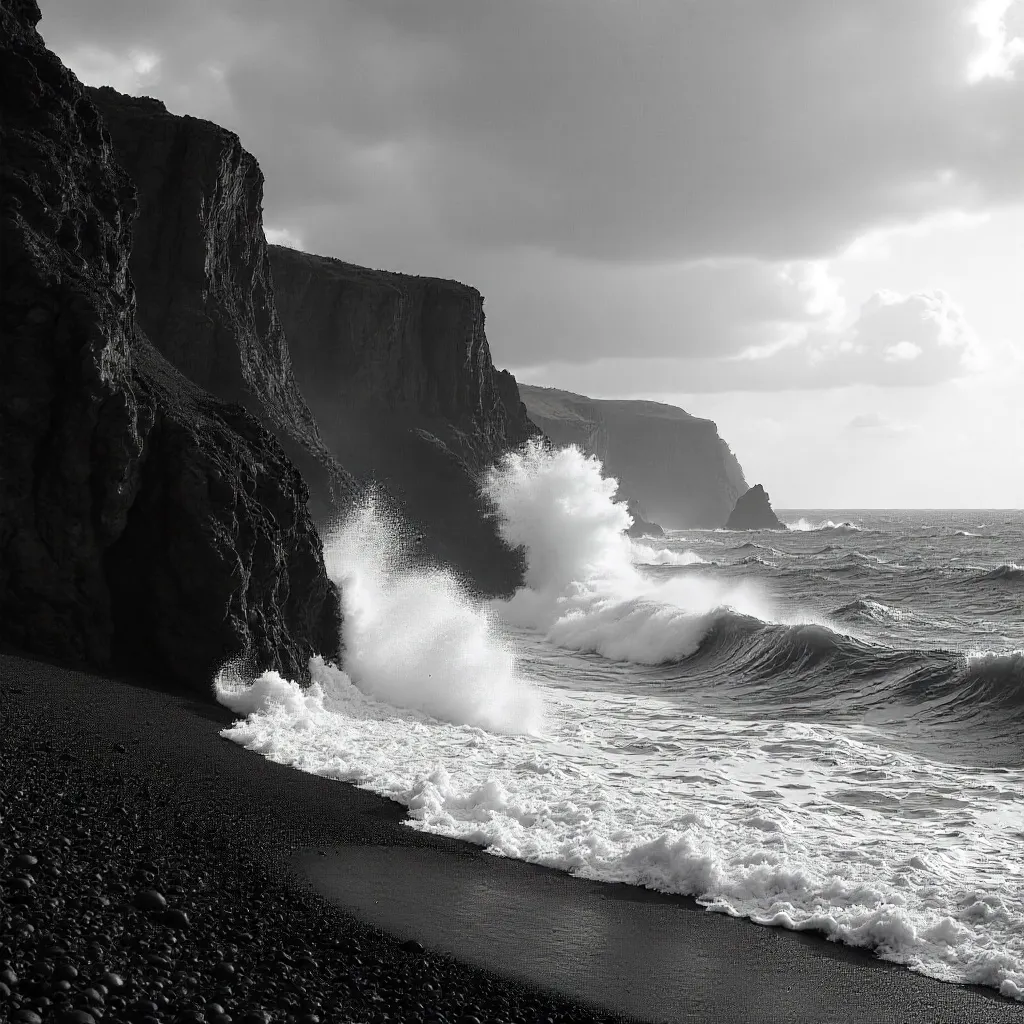 Crashing Waves Against Cliff Faces: A Monochrome Seascape