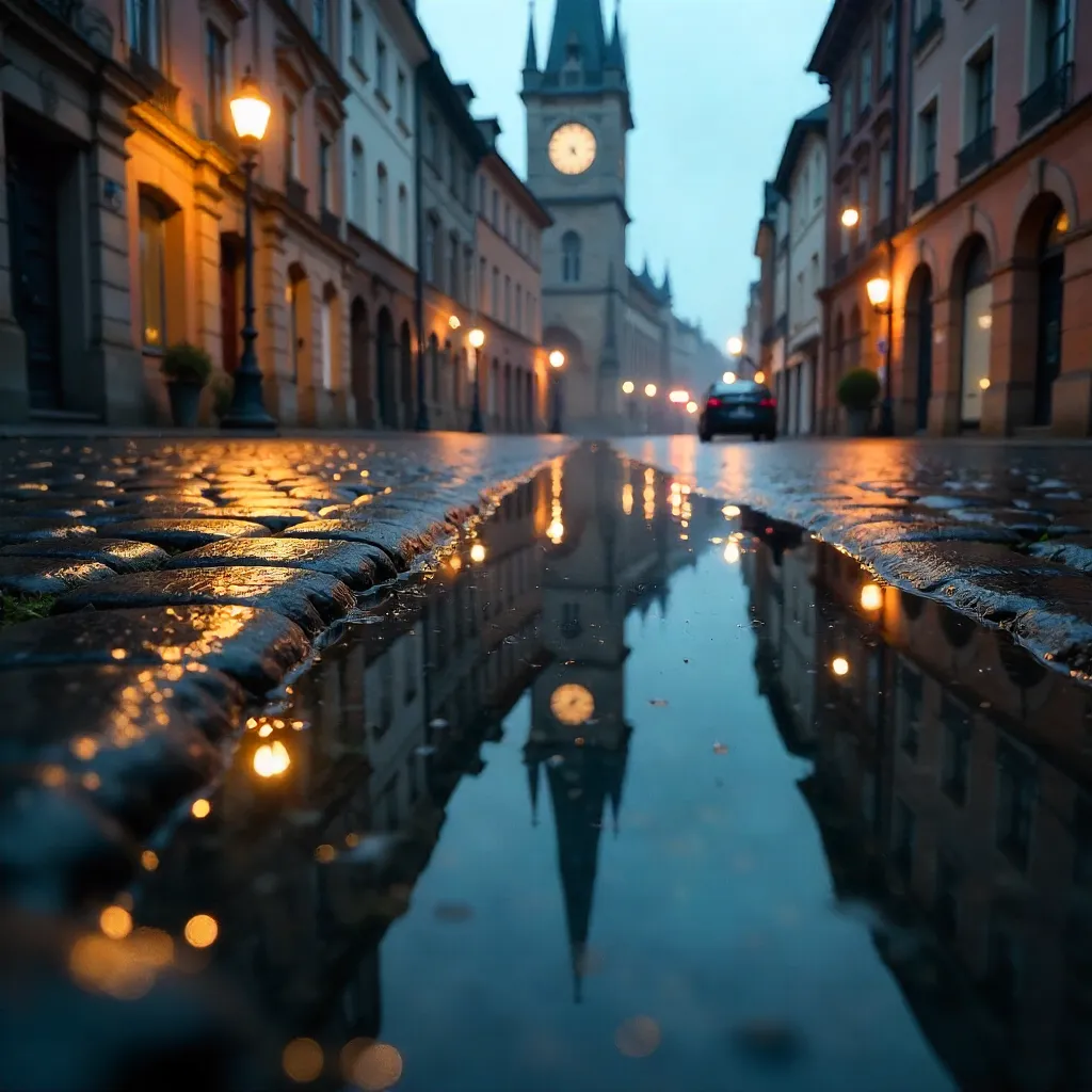 Reflection in Rain: Clock Tower on Cobblestones