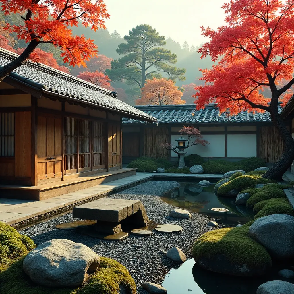 Serene Kyoto Courtyard with Zen Garden and Teahouse