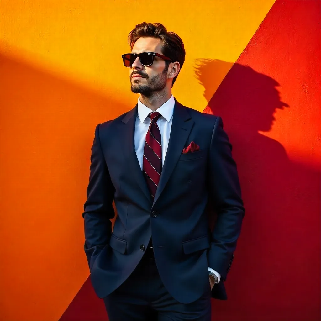Stylish Man in Sunglasses Posing by Orange Wall