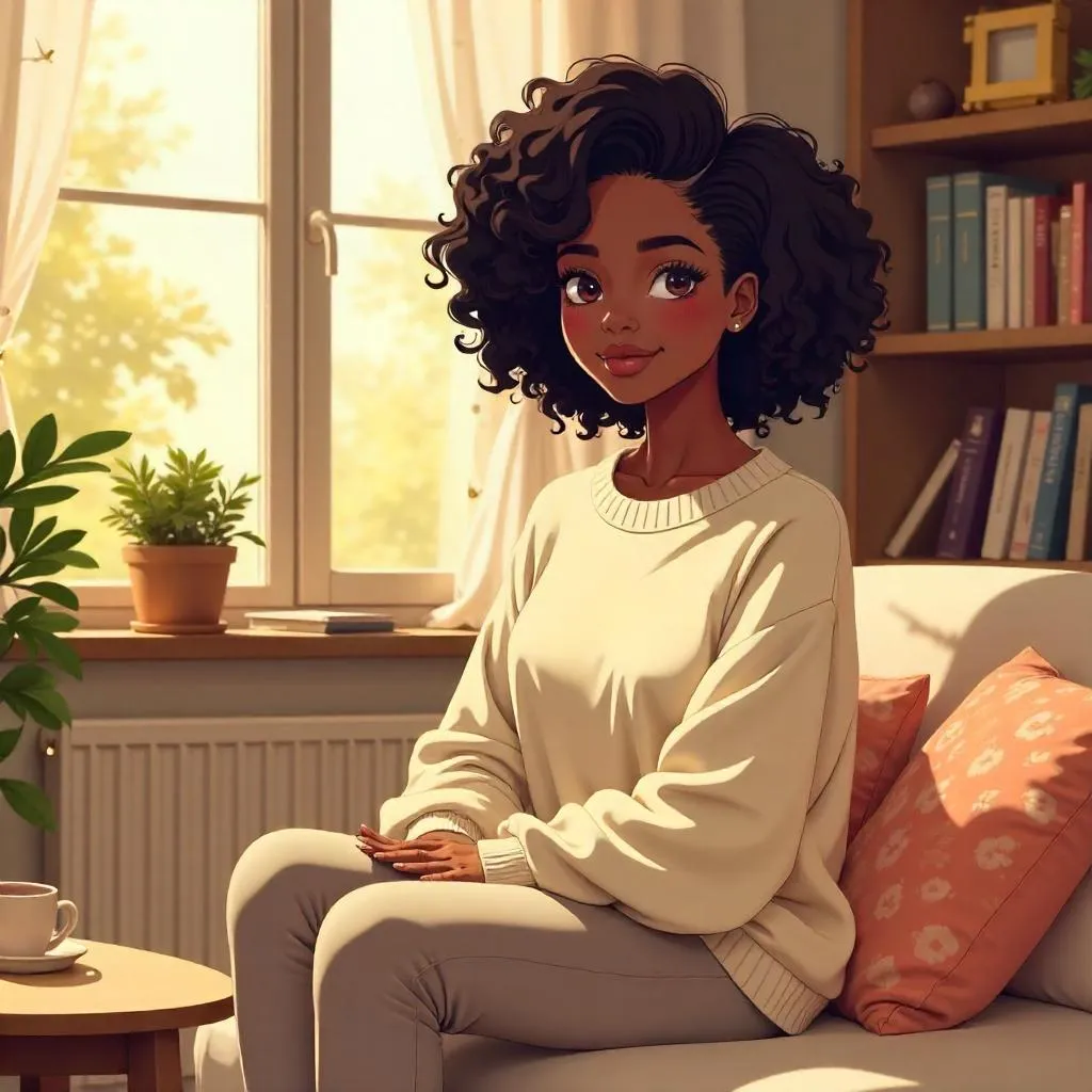 Cozy Anime Portrait at Home of a Black Woman