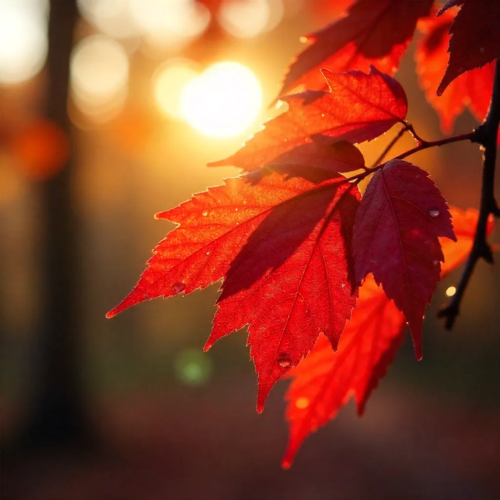 Backlit Bright Red Autumn Leaves in Sunlit Fall