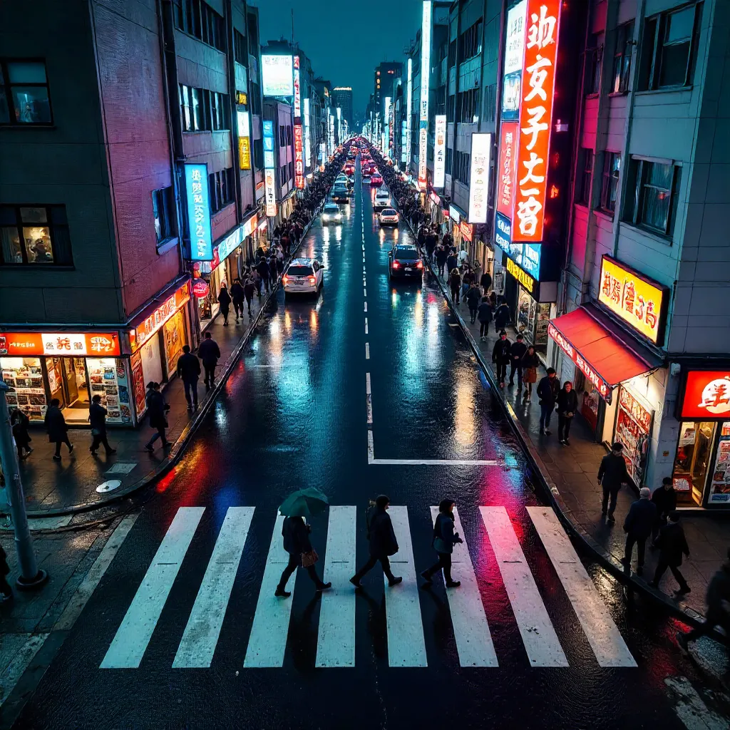 Aerial Night Crossing Over Tokyo's Neon Crosswalk