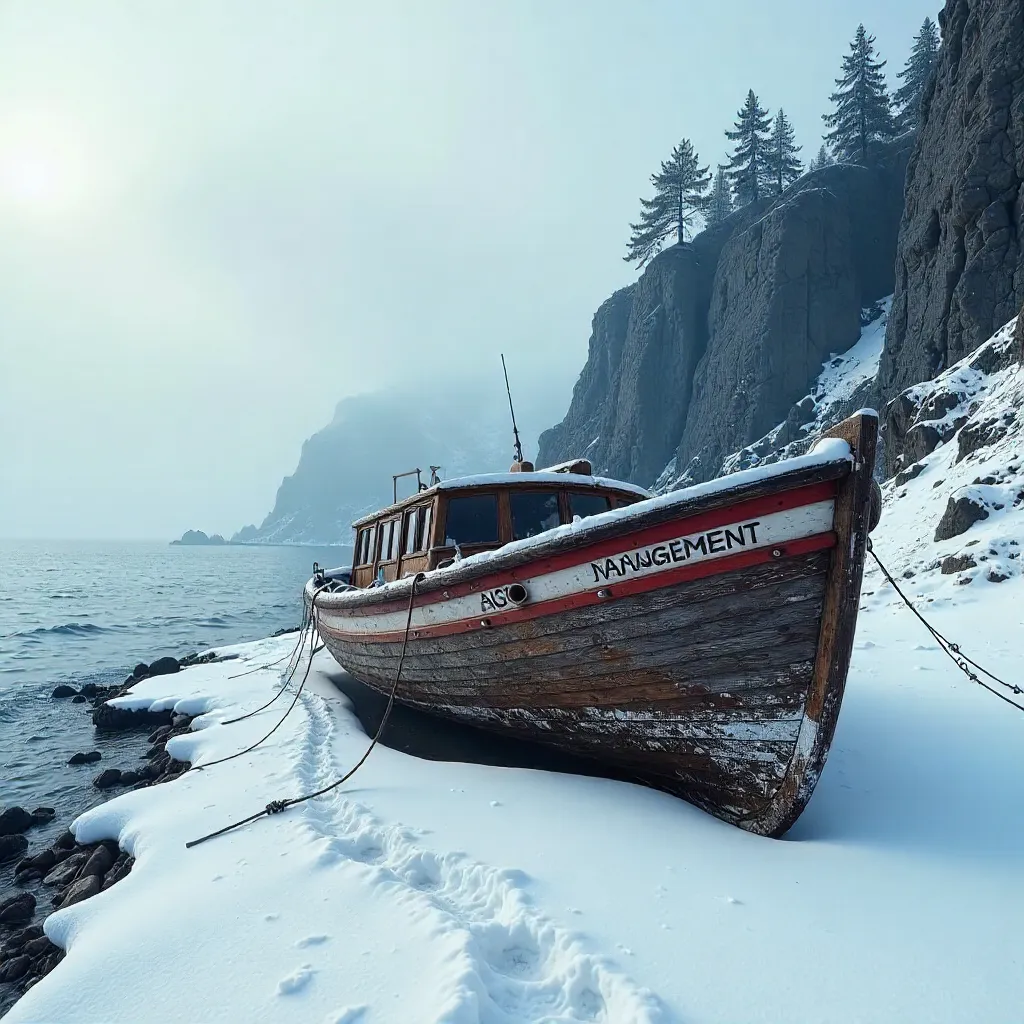 Rustic Boat Anger Management on Snowy Shore