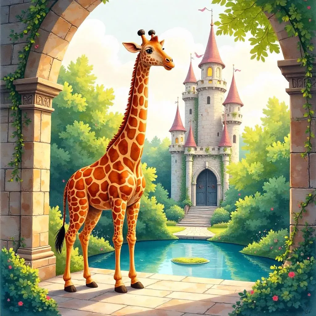 Giraffe in a Watercolor Enchanted Castle