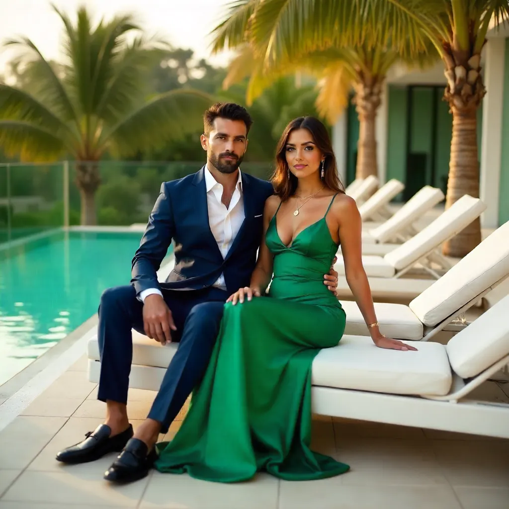 Elegant Poolside Couture: Modern Fashion Couple