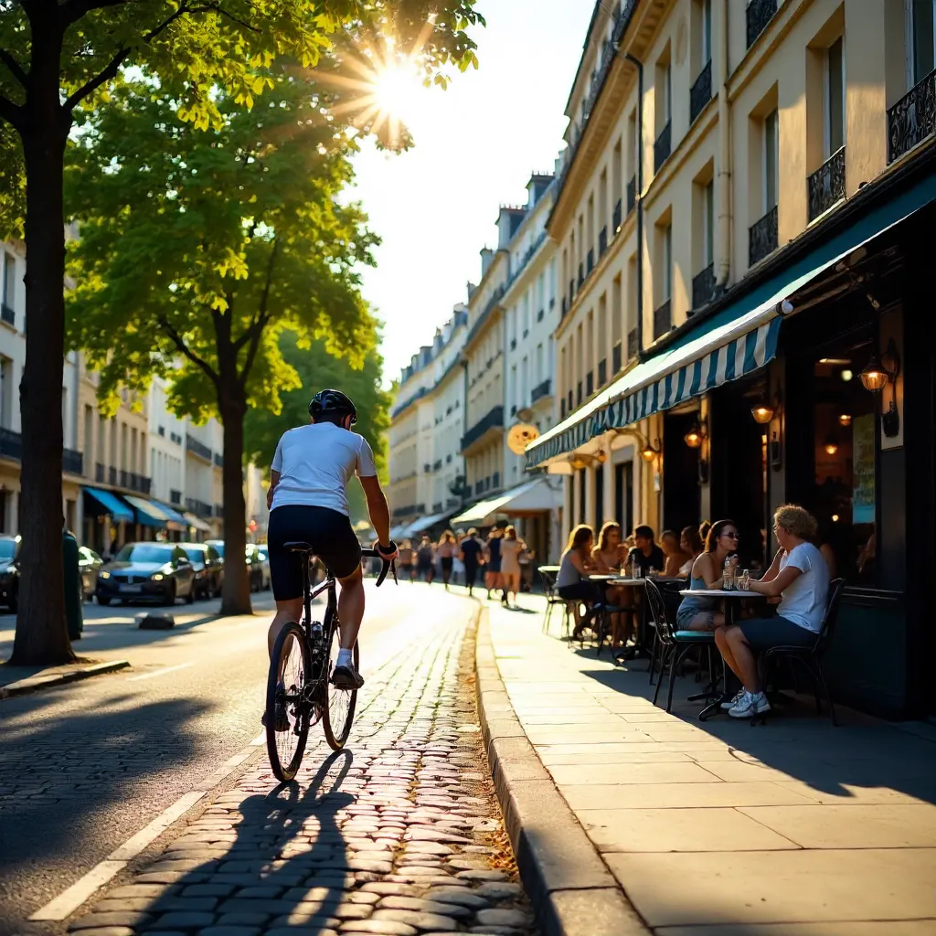 Cyclist by a Parisian Café on a Sunny Day
