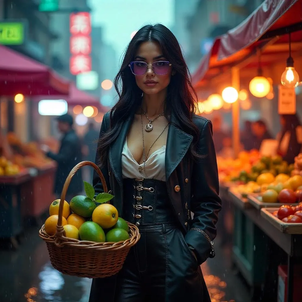 Elegant Latina Woman at a Cyberpunk Farmers Market