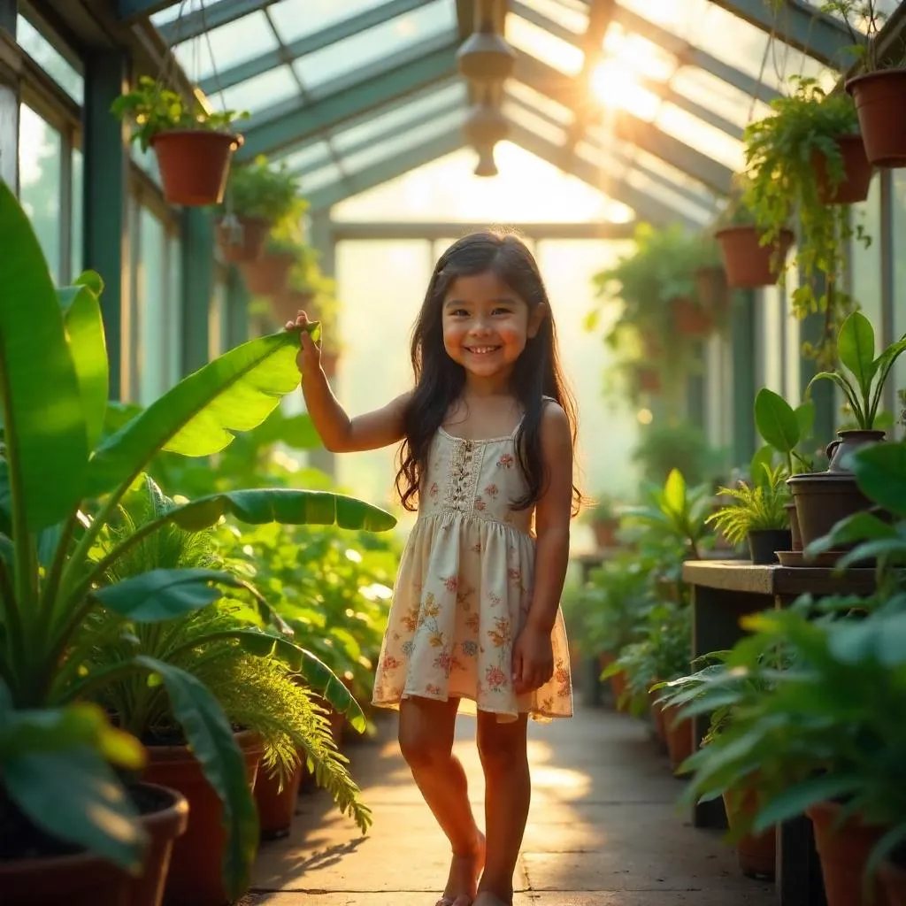 Cheerful Latina in a Sunlit Greenhouse