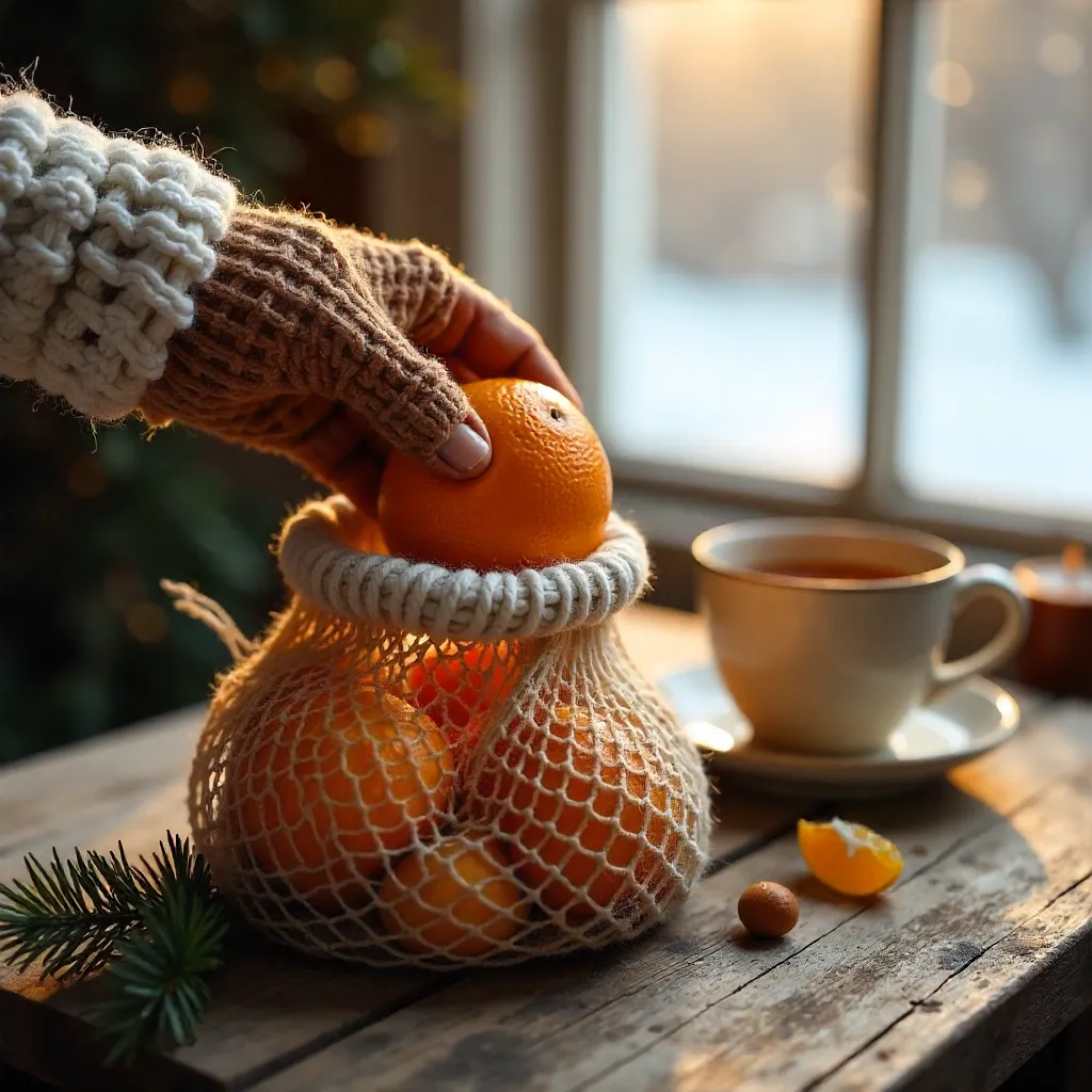 Warm mittened hand placing oranges into a net bag