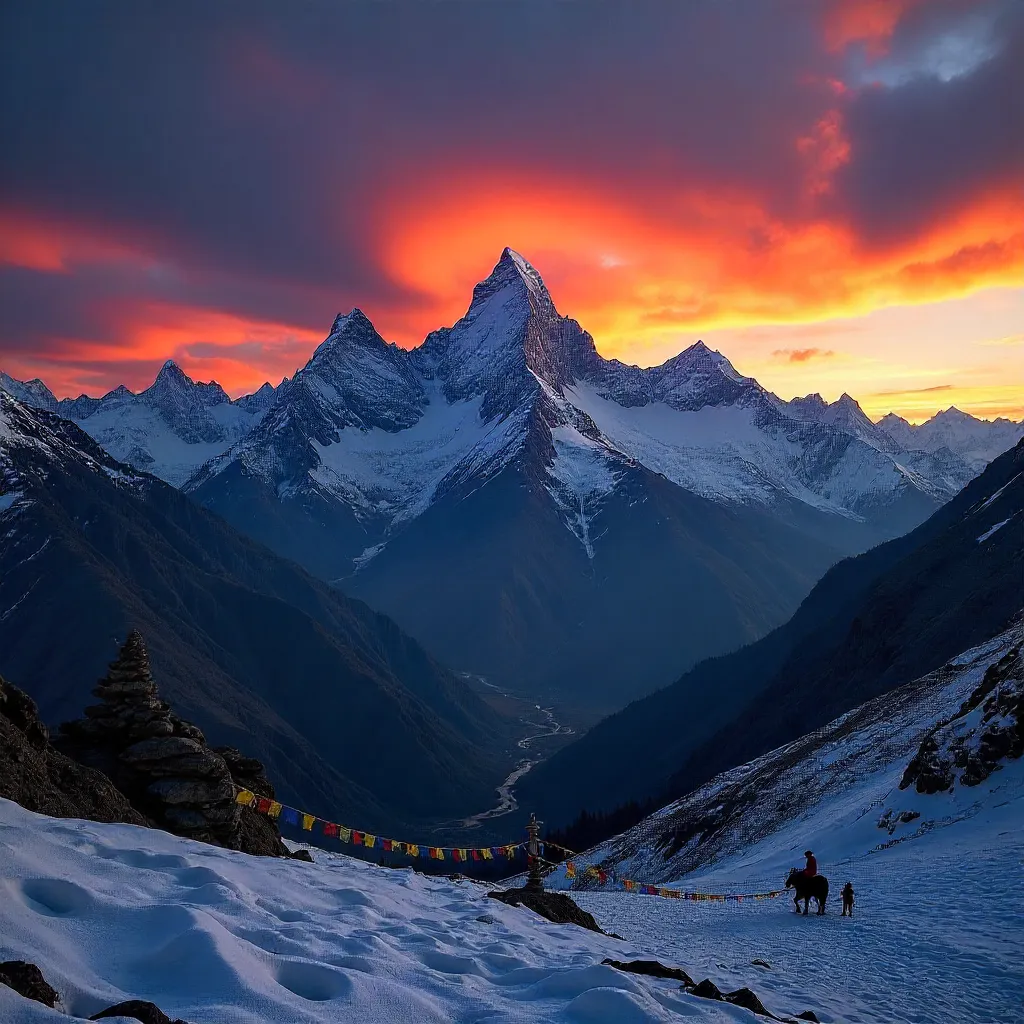 Silhouette of Himalayan Peaks at Vivid Nepal Sunset