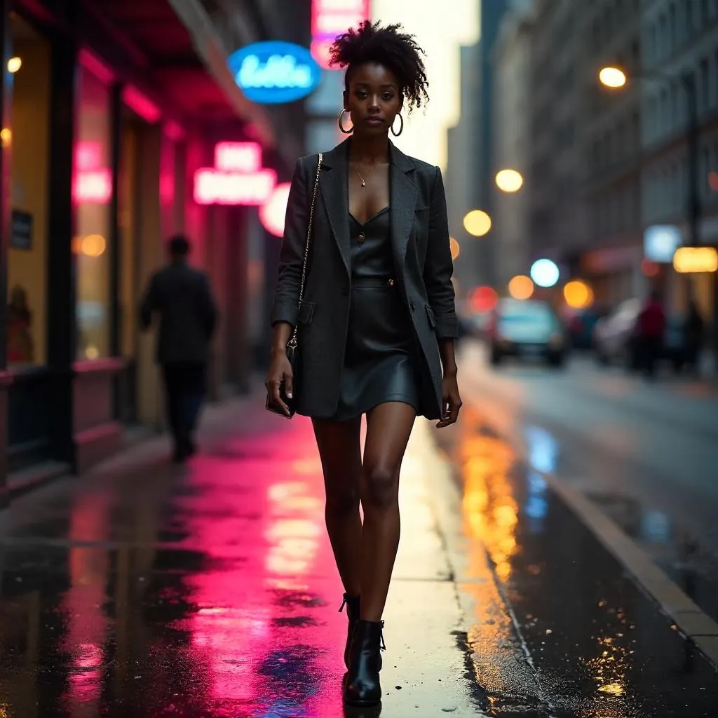 Stylish Black Girl on a Neon City Street