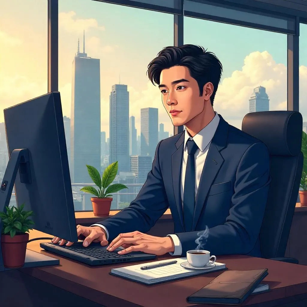 Anime-Style Professional Asian Man in a Modern Workspace