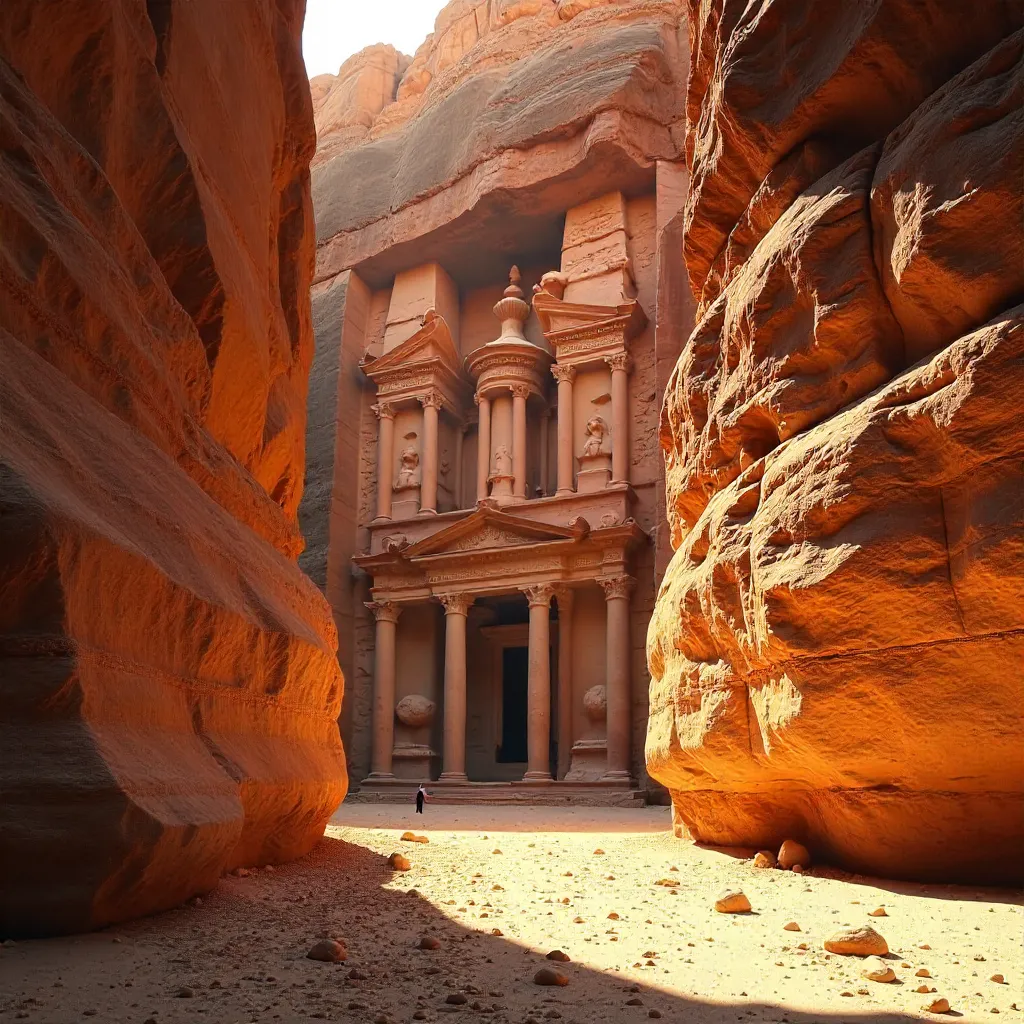 Golden Hour View of Petra's Treasury in the Siq Canyon
