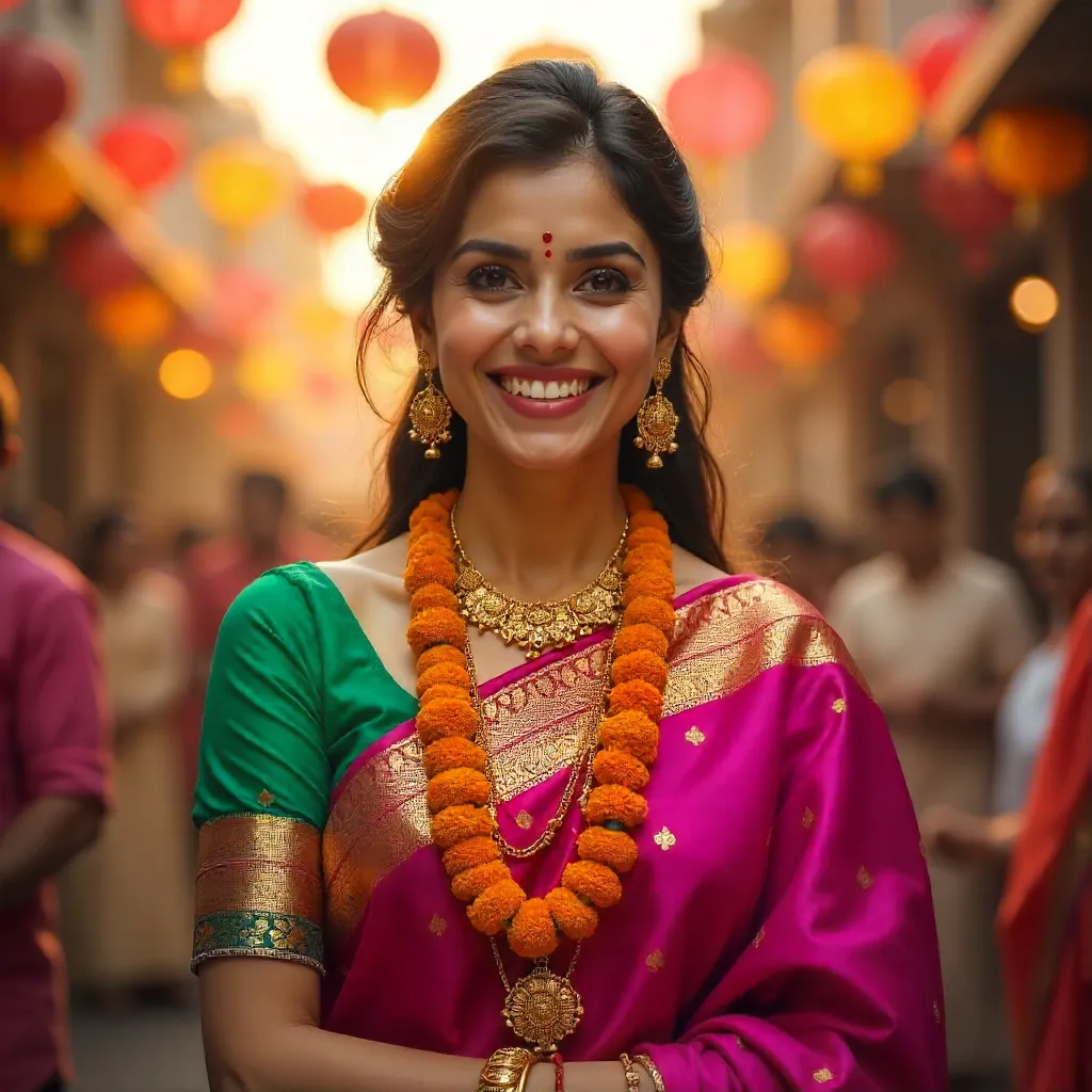 Joyful Celebration in a Colorful Saree with Marigold Jewelry