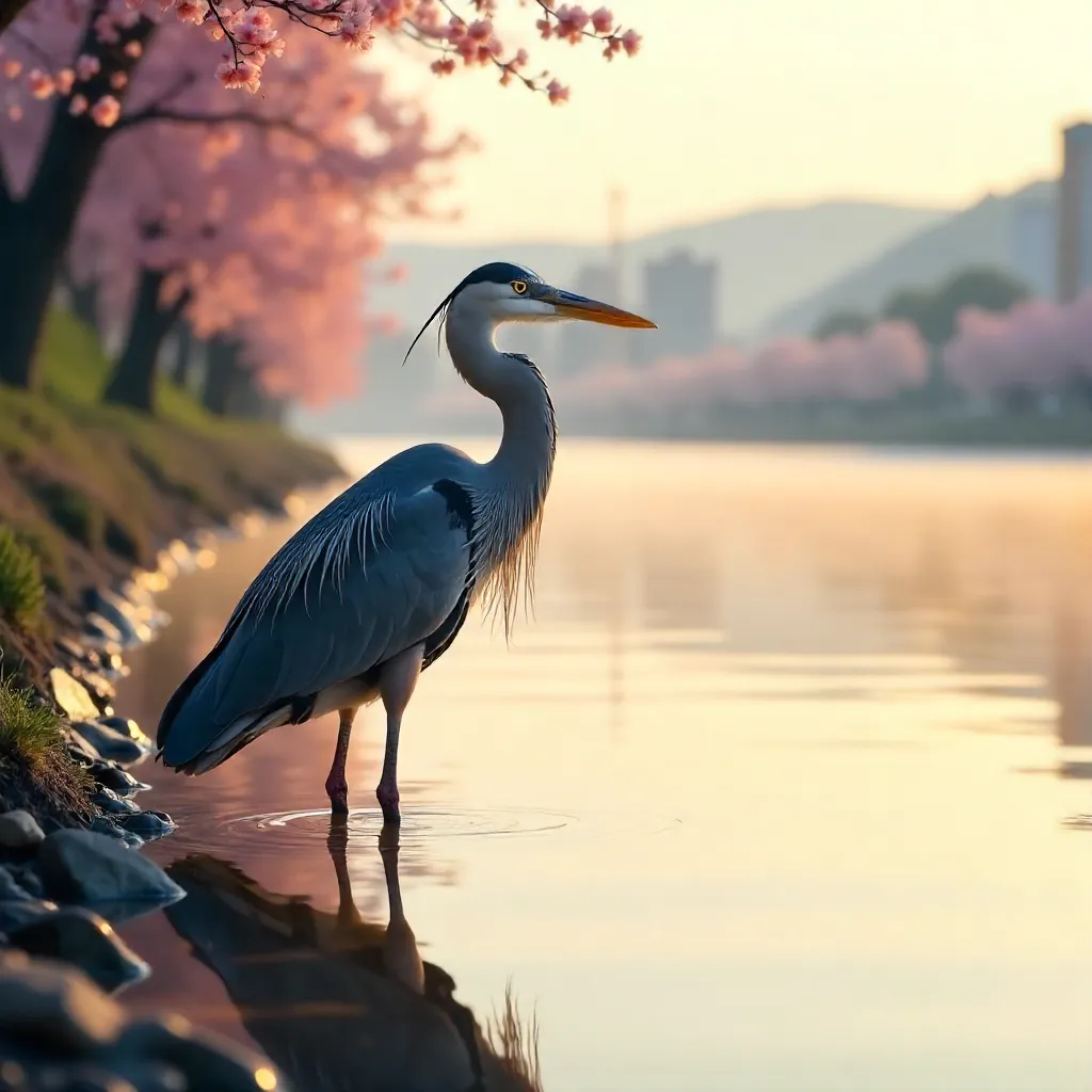 Serene Grey Heron at Hiroshima Waterside