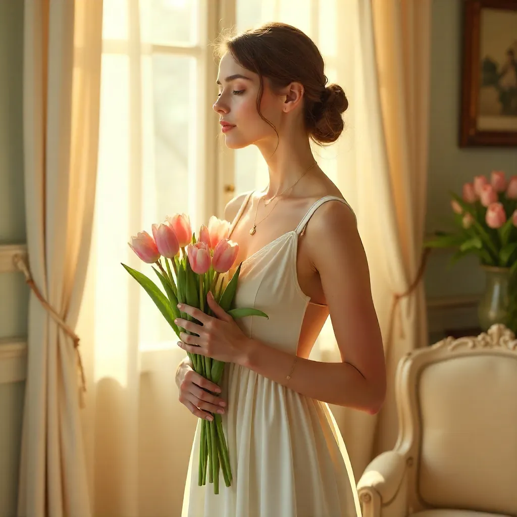 Serene Woman in White with Tulips in Warm Light