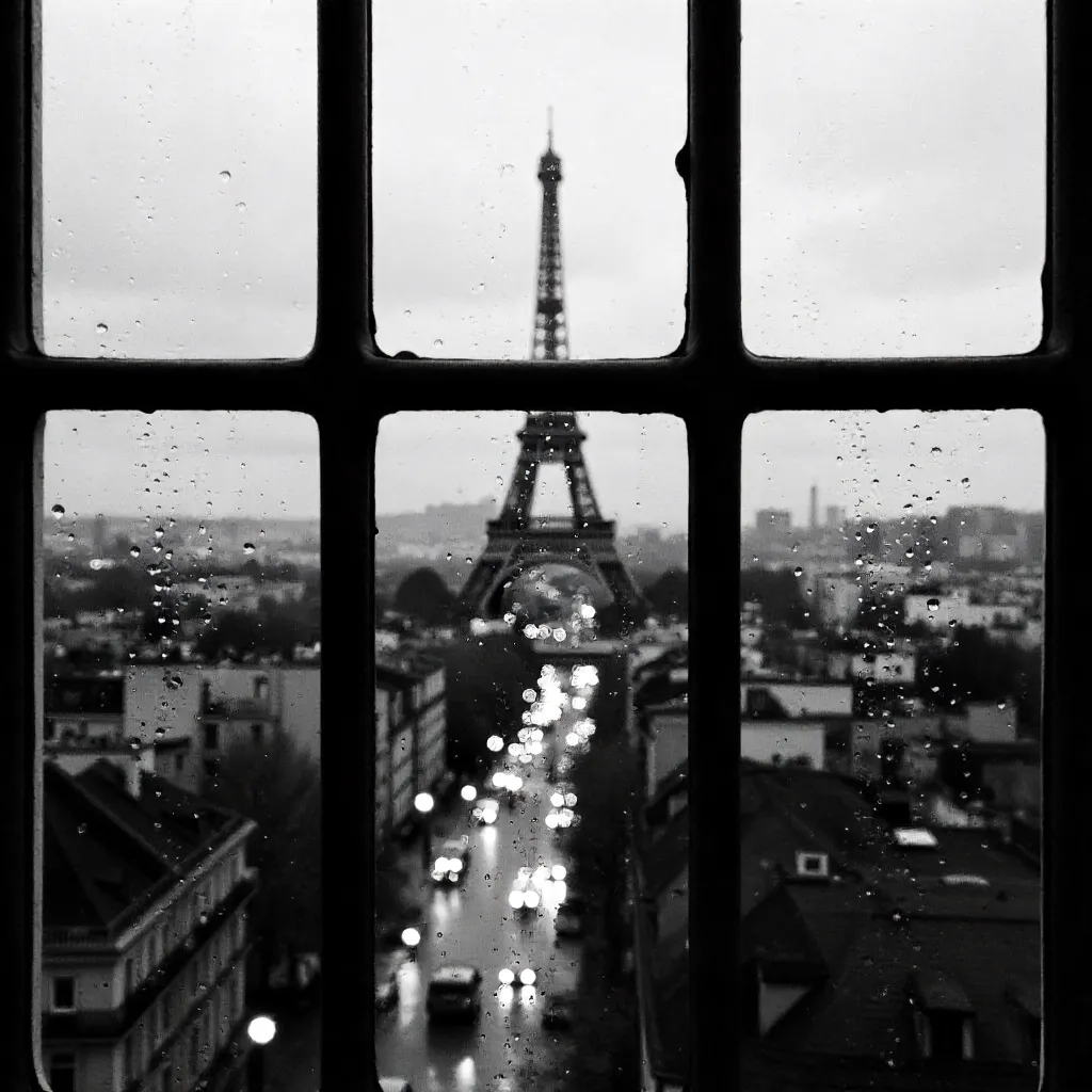 Monochrome Paris: Eiffel Tower through Rainy Window Grid