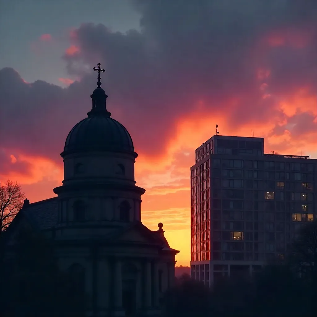 Dusk Silhouette: Church Dome Near Modern Building