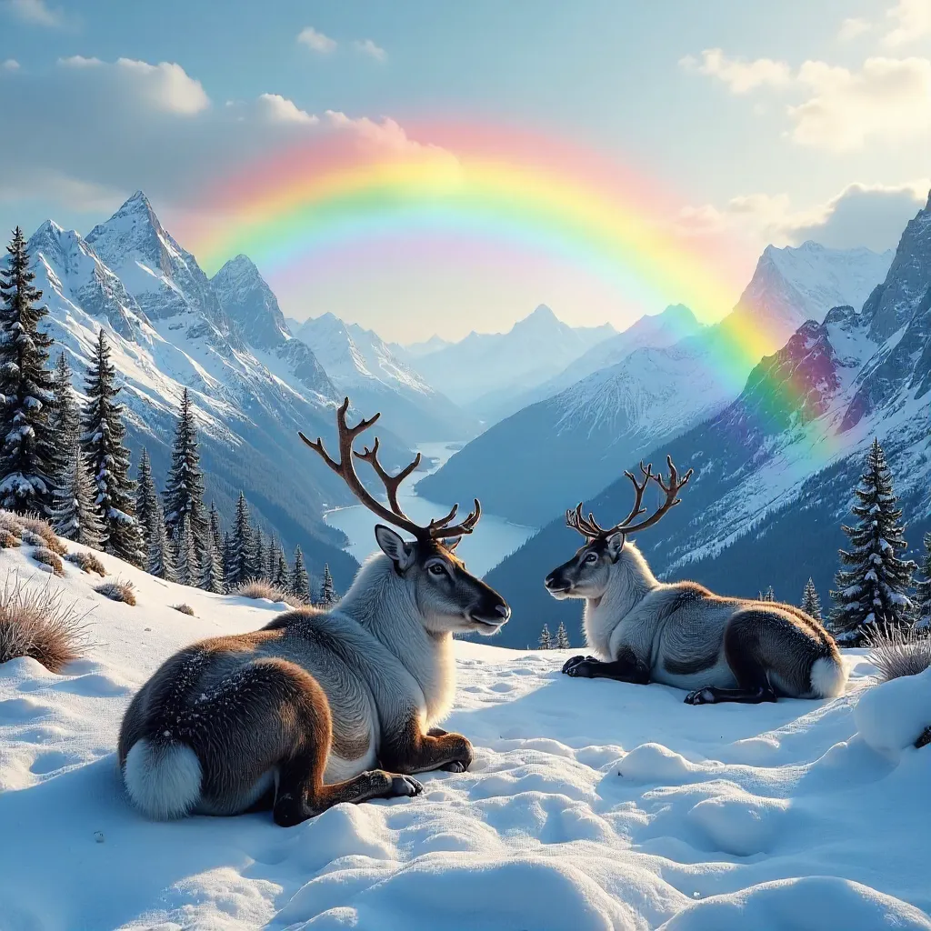 Resting Reindeer Beneath a Rainbow in Norwegian Snow