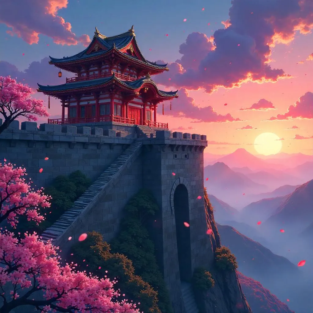 Temple on Castle Battlements: Anime Fantasy Scene