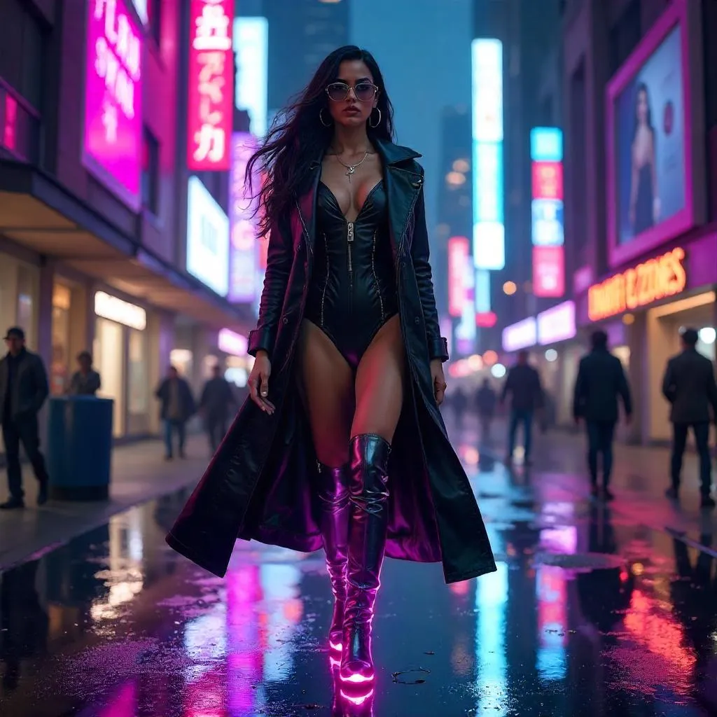 Elegant Latina in Neon Cyberpunk Downtown