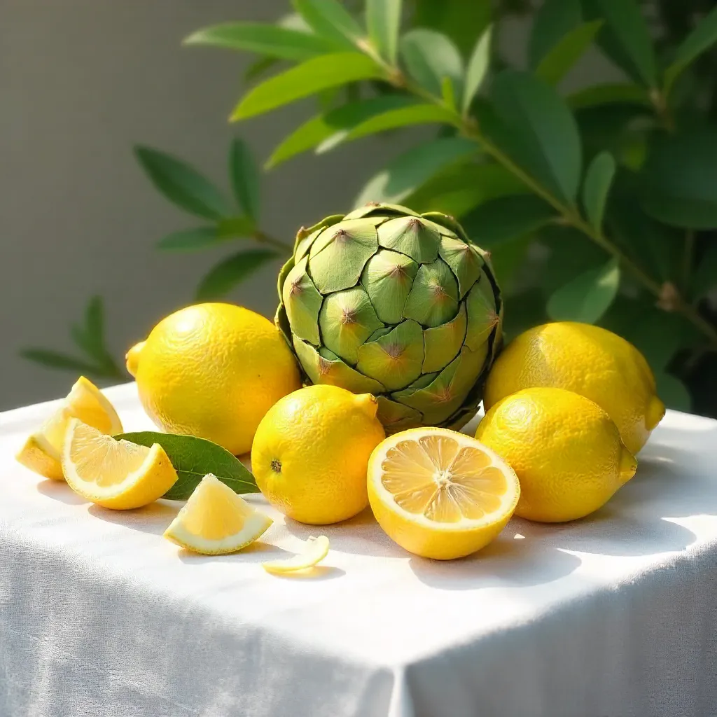 Sunlit Lemons and Artichokes on White Tablecloth