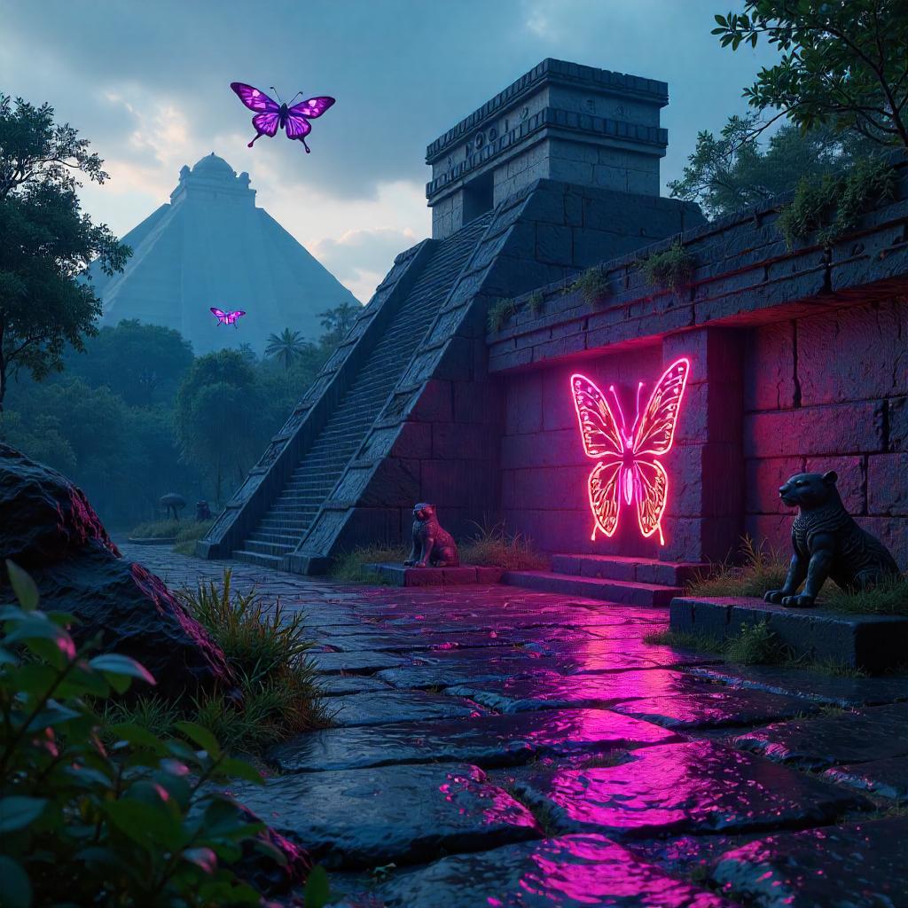 Neon Cyberpunk Butterfly Over Maya Ruins