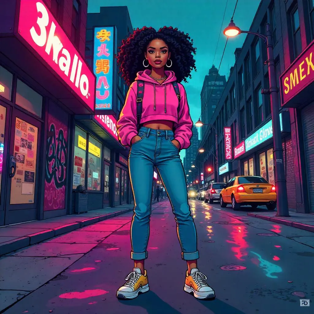 Cartoon Latina Woman in Neon Urban Night Scene