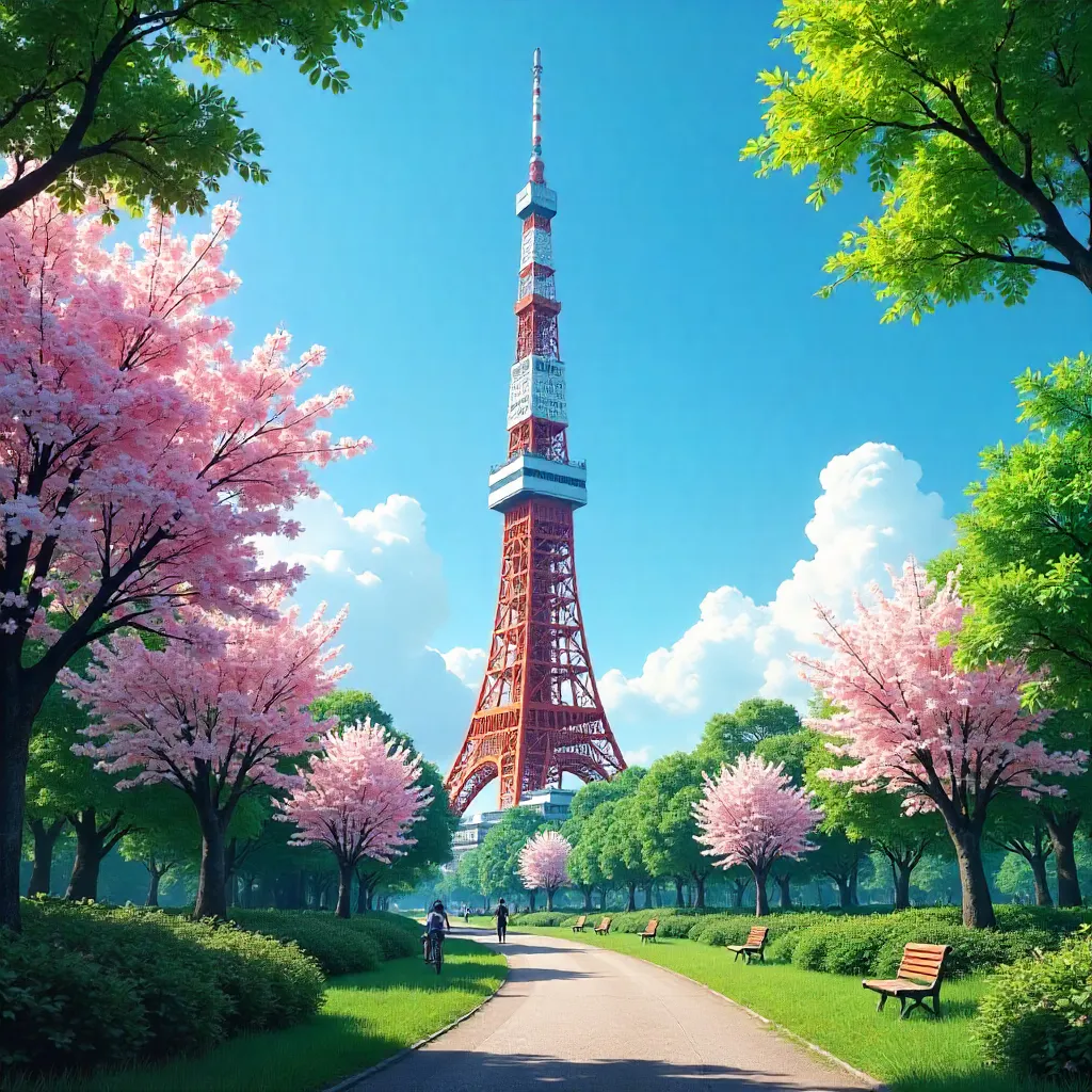 Stunning Tokyo Tower Amid Lush Minato Greens