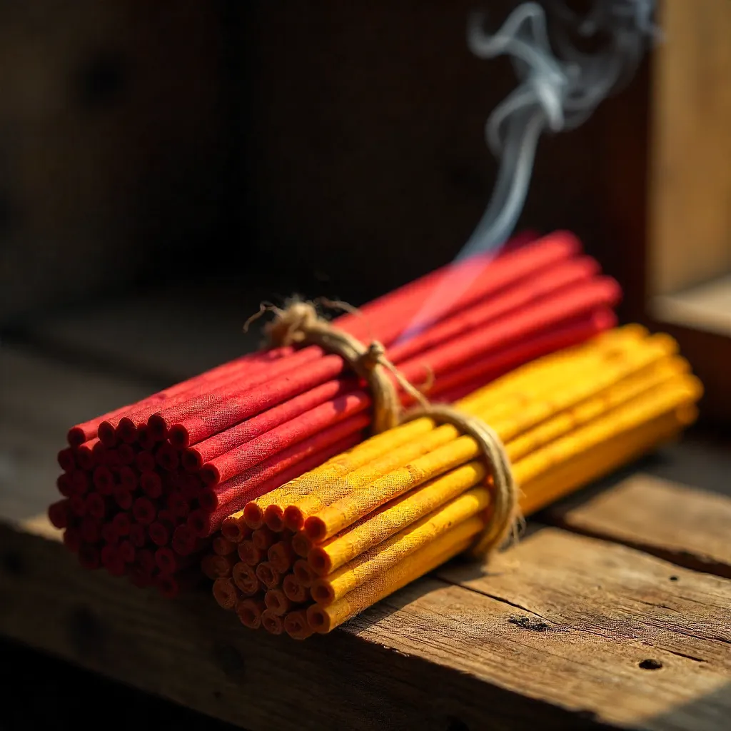 Vibrant Incense Bundles on Rustic Wooden Shelf