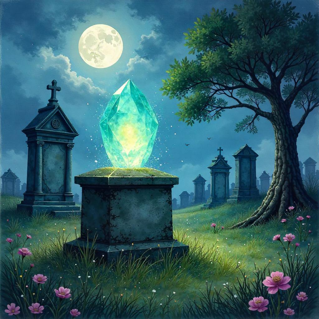 Soul Gem in a Moonlit Watercolor Graveyard
