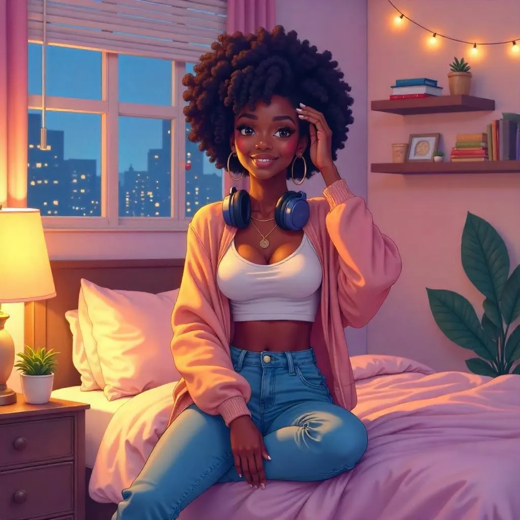 Cozy Anime Bedroom Portrait of a Stylish Black Woman