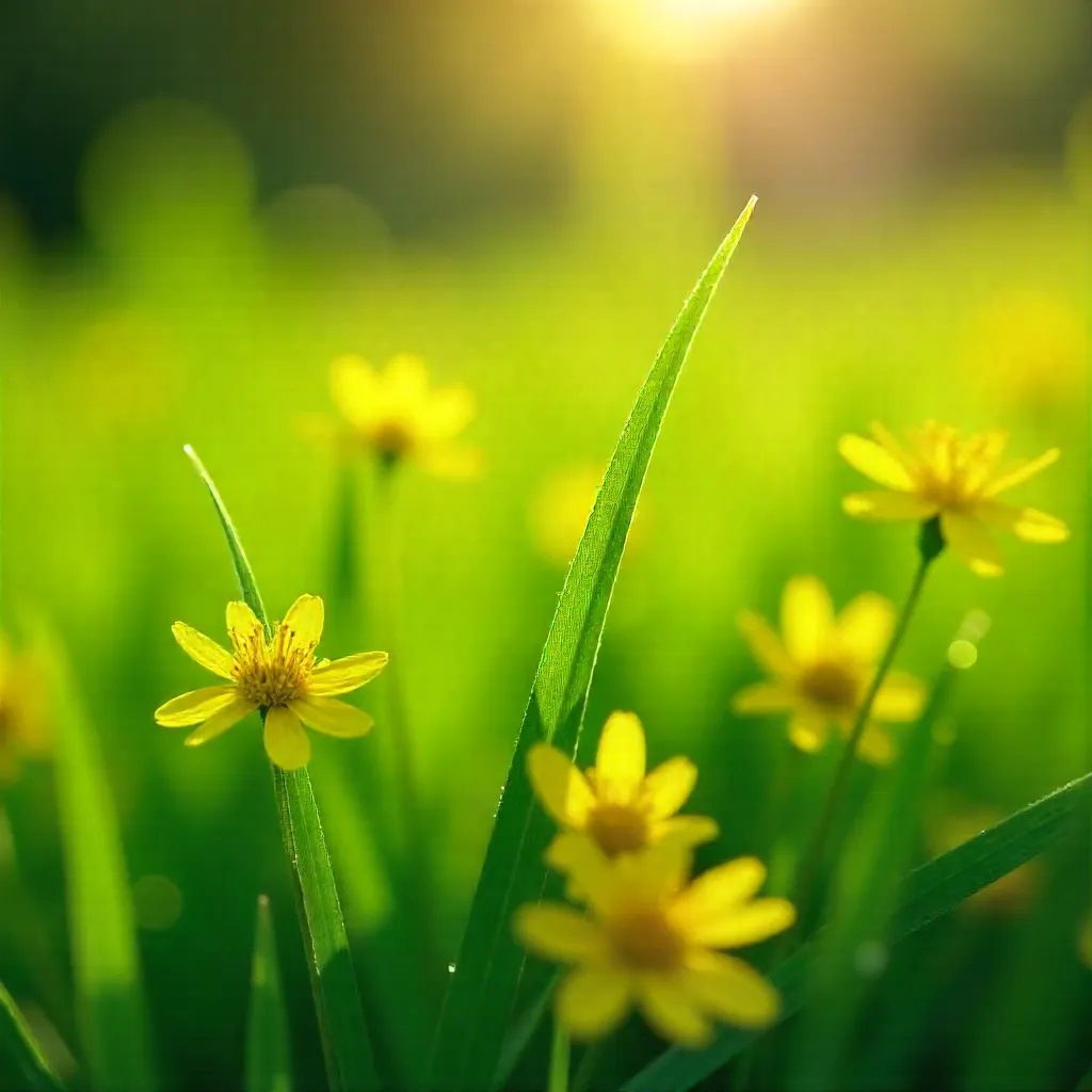 Close-Up of Green Grass and Yellow Wildflowers in a Spring Meadow