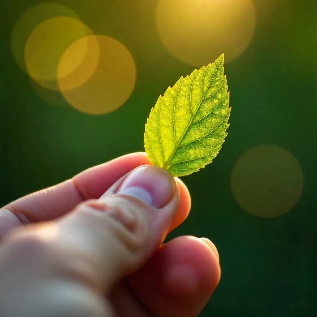 Macro Hand and Fragile Leaf with Bokeh Background