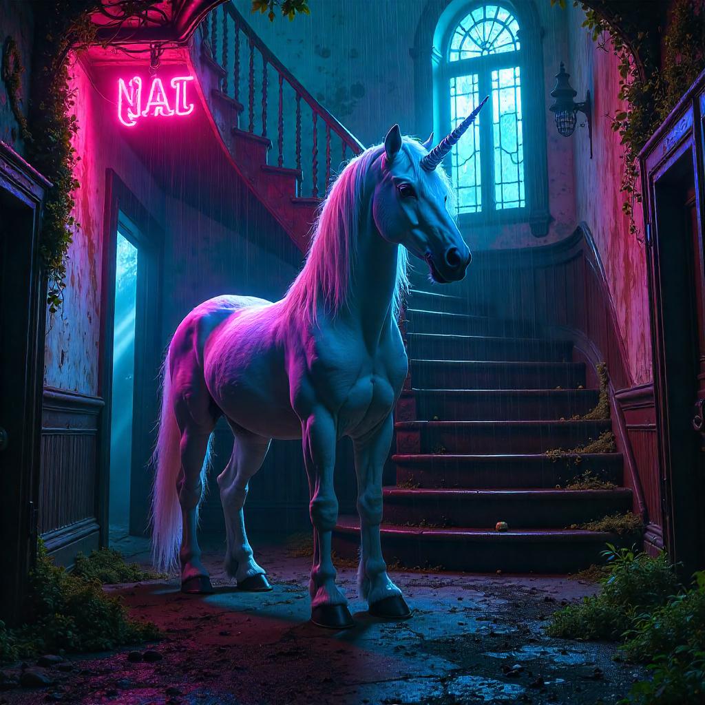 Neon Cyberpunk Unicorn in a Haunted House