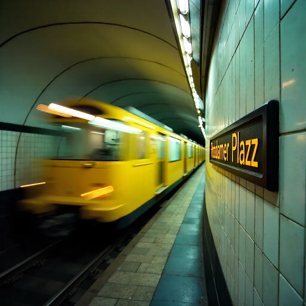 Blurred Yellow U-Bahn Train at Potsdamer Platz