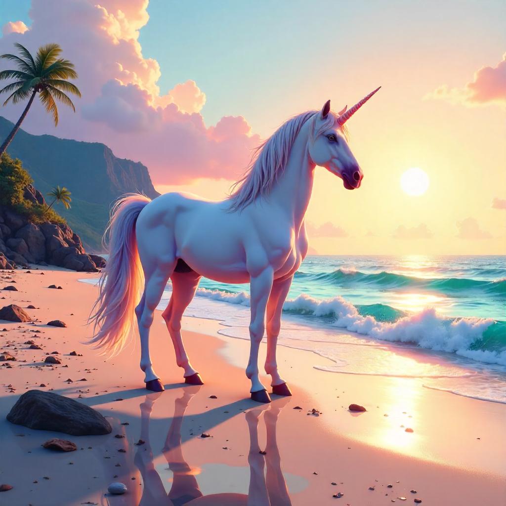Unicorn Concept Art on a Beach at Dawn