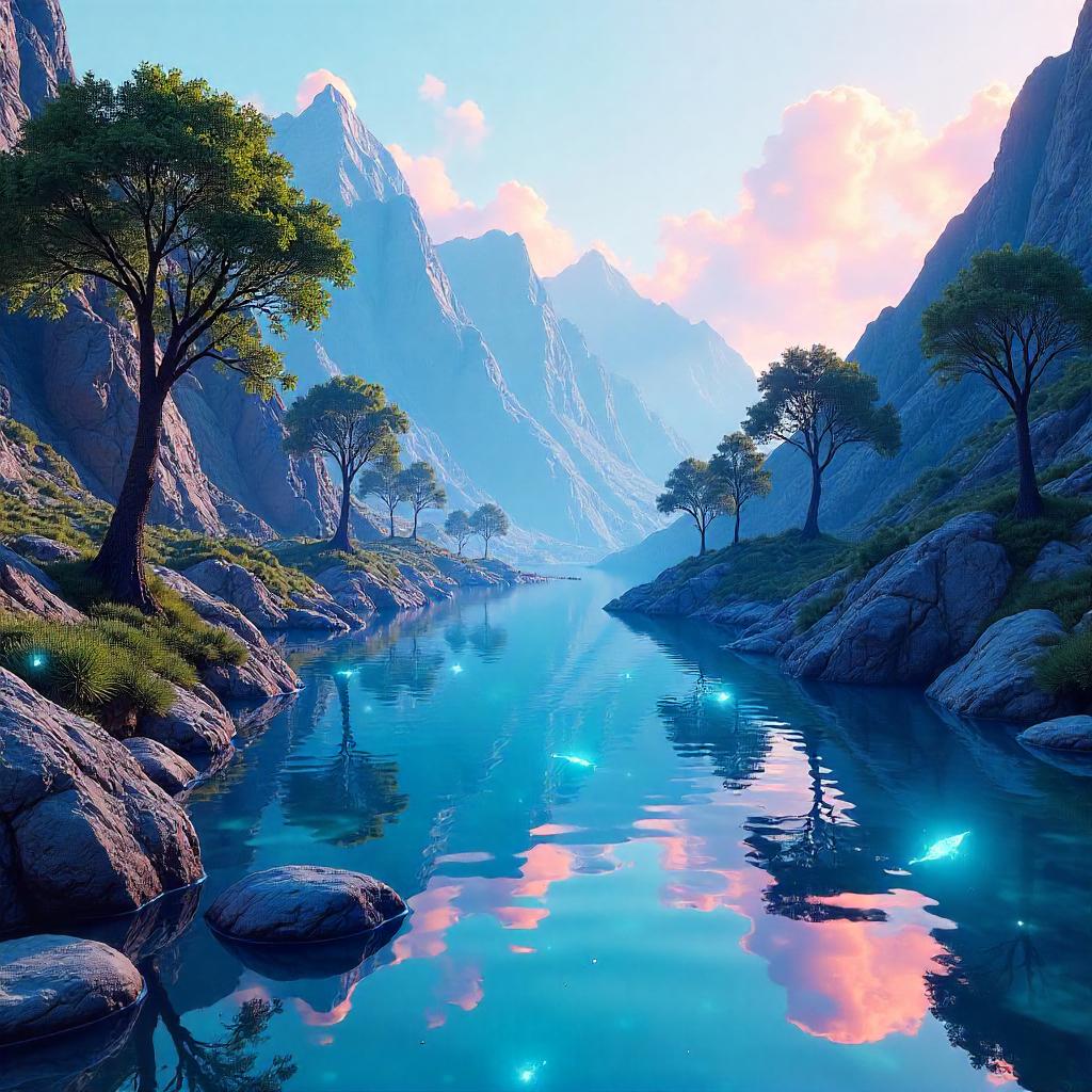 River in a Holodeck: Neon Digital Landscape