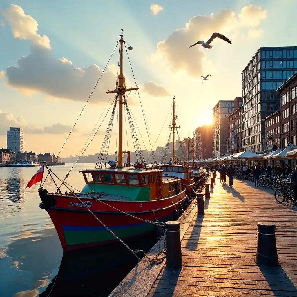 Vibrant Boat Docked at Copenhagen's Modern Waterfront